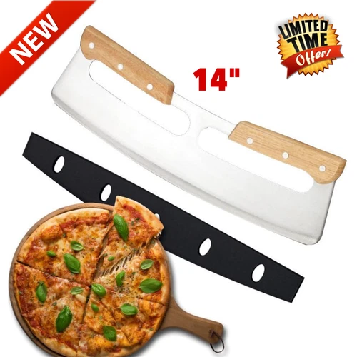 Sharp Pizza Cutter Stainless Steel Rocker Blade Knife Wooden Handle & Cover 14" - Picture 1 of 9