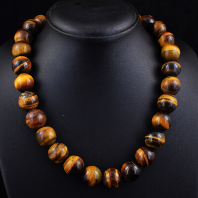 878 Cts Natural Golden Tiger Eye Round Shape Beads Womens Necklace JK 01E418