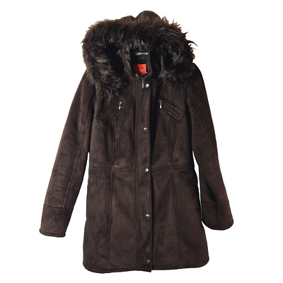 Esprit Women's Brown Winter Coat LARGE Faux Fur Lining Removeable Hood Vtg Y2K