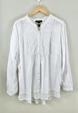 Style & Co Women's XL Button Front White Cotton Long Sleeve Shirt Embroidered