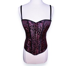 Pink and Black Jacquard Floral Boned Back Lace Up Corset Top Detachable Straps S
