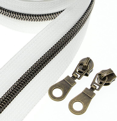 #5 Antique Brass Metallic Nylon Coil Zippers by The Yard, Bulk 10 Yards White Ta