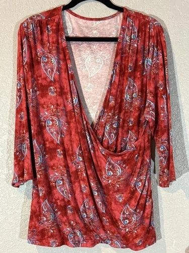 NorthStyle Red Paisley Print V-Neck Blouse Size 1X