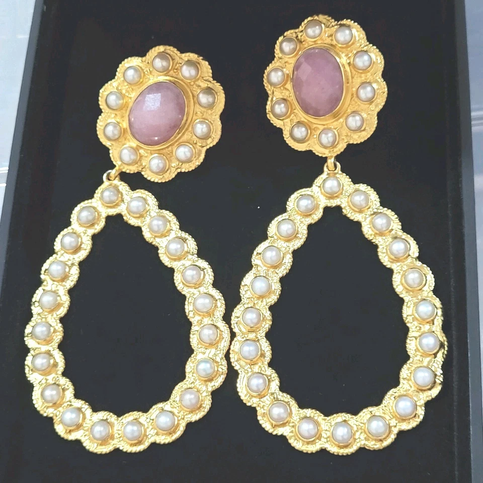 ✨️VALÉRE✨️ BRINCOS DE GOTA ENORME QUARTZO ROSA E PÉROLAS FOLHEADOS A OURO 24k - Imagem 2 de 4