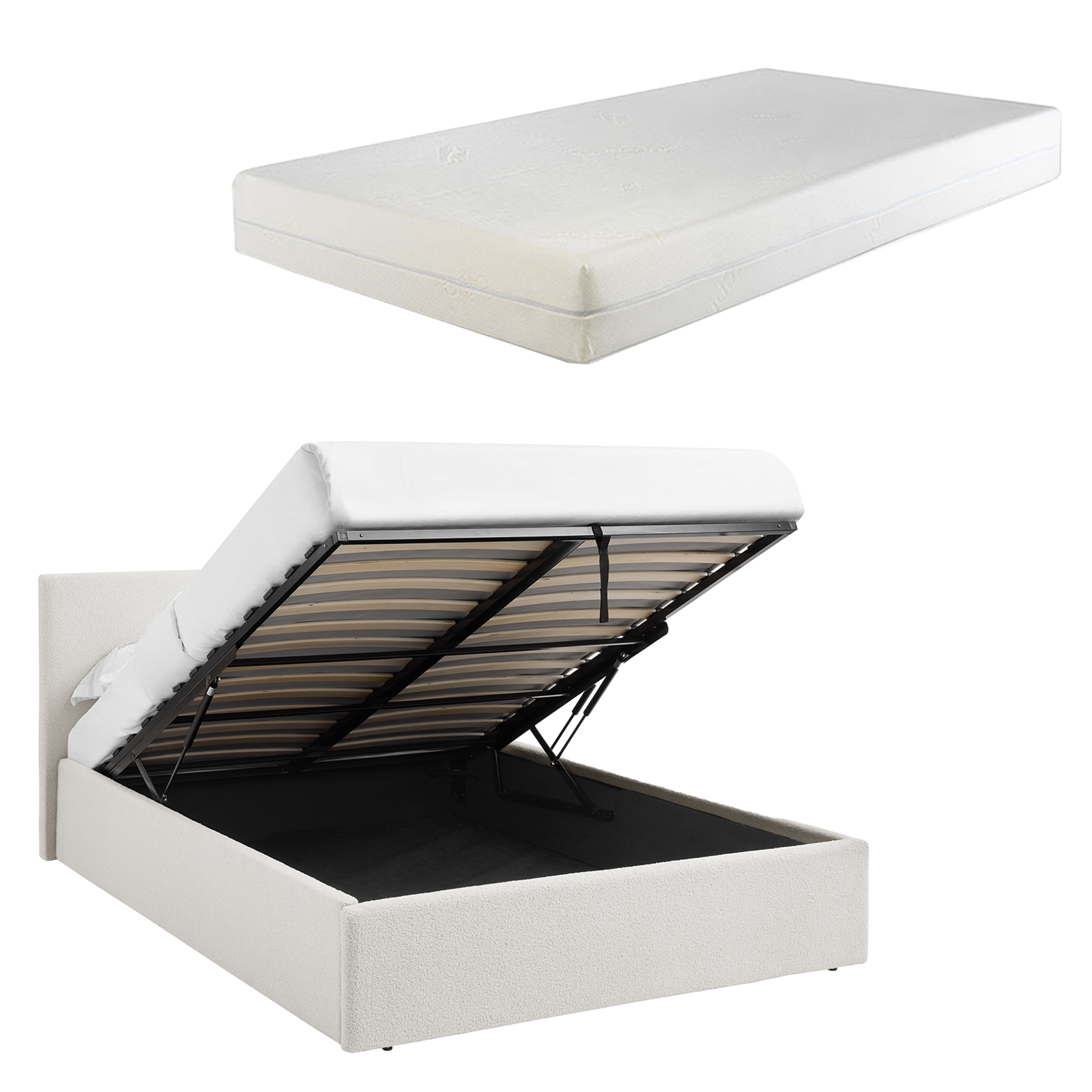 4FT6 Double Gas Lift Bedframe White + 25cm Foam Mattress TEDDY BOUCLE