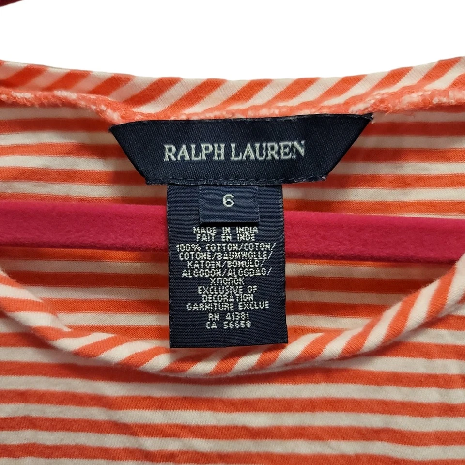 Top Ralph Lauren Niñas 100% Algodón Rayas Manga Acampanada Naranja Blanco Talla 6 Foto 3 de 4
