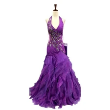 ASPEED M purple beaded halter tiered Y2k gown prom pageant maxi dress NWT B173