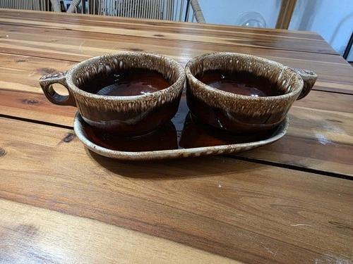 Hull Pottery Brown Drip Soup Mug Snack Tray Sandwich Oven Proof Vintage Set.