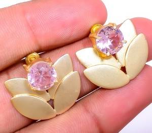 Authentic Leaf Style Rose Quartz Gold Plated Stud Earring 0.78" E6147-12