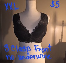 Women's Black Lace Front Closure Hook & Eye Wireless Bralette Bra XXL Wide