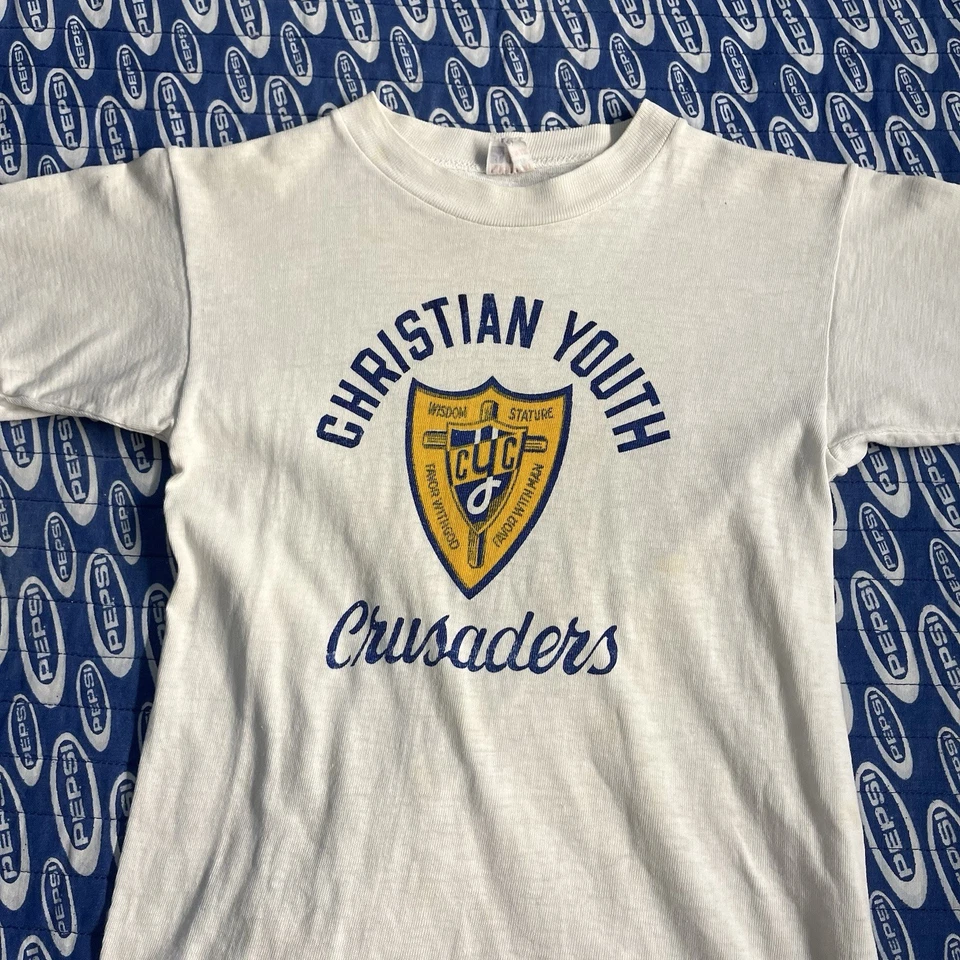 VTG 60s Champion Running Man Kids Christian Youth Crusaders Flock Print Sz 12 - Image 2 of 4