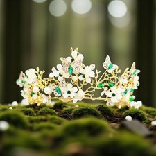 Gold tiara with butterfly, Green Crystal Crown, Wedding crown, Flower Girl crown