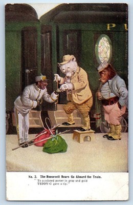1906 The Roosevelt Bears Go Aboard The Train Canandaigua NY Antique Postcard