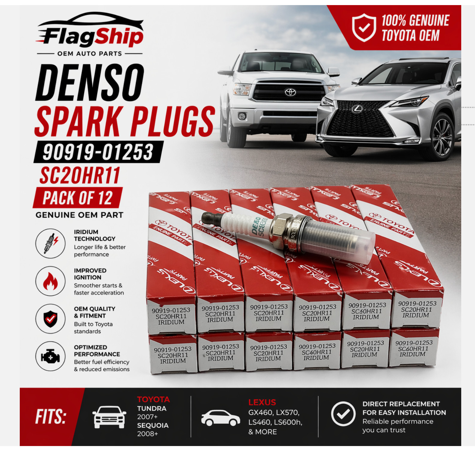 set of 12pcs DENSO SC20HR11 Spark Plugs 90919-01253 Fits Toyota Lexus V6 V8