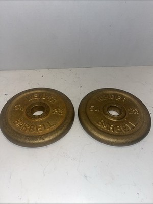 Vintage Pair of 2x Weider 5 lb Standard Weight Plates Gold 1'' Hole B