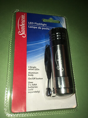 SUNBEAM LED FLASHLIGHT ALUMINUM 3.5'' WITH LANYARD REQUIRES 3X AAA BATTERIES NEW
