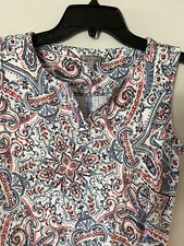 T Talbots Womens PP Travel Dress Knit Blue Coral Paisley Knee Length Sleeveless