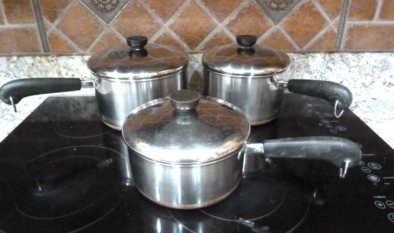 6 Pc Lot Vintage Revere Ware Copper Bottom Saucepans w/Lids