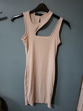 Pretty Little Thing Size 8 Beige Ribbed Cut Out Sleeveless Dress (424/95/v)