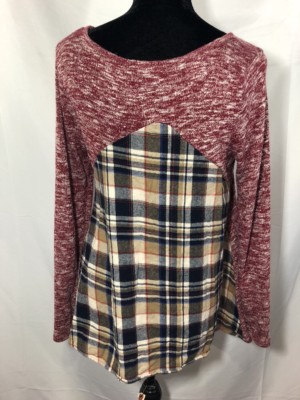 12PM By Mon Ami Womens Size Small Multi Color Plaid Back Long Sleeve Knit Top