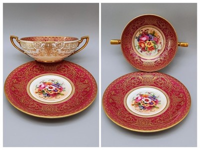 Red Royal Worcester Ovington Bouillon Cup & Saucer 2437 Hand Painted by Barker F
