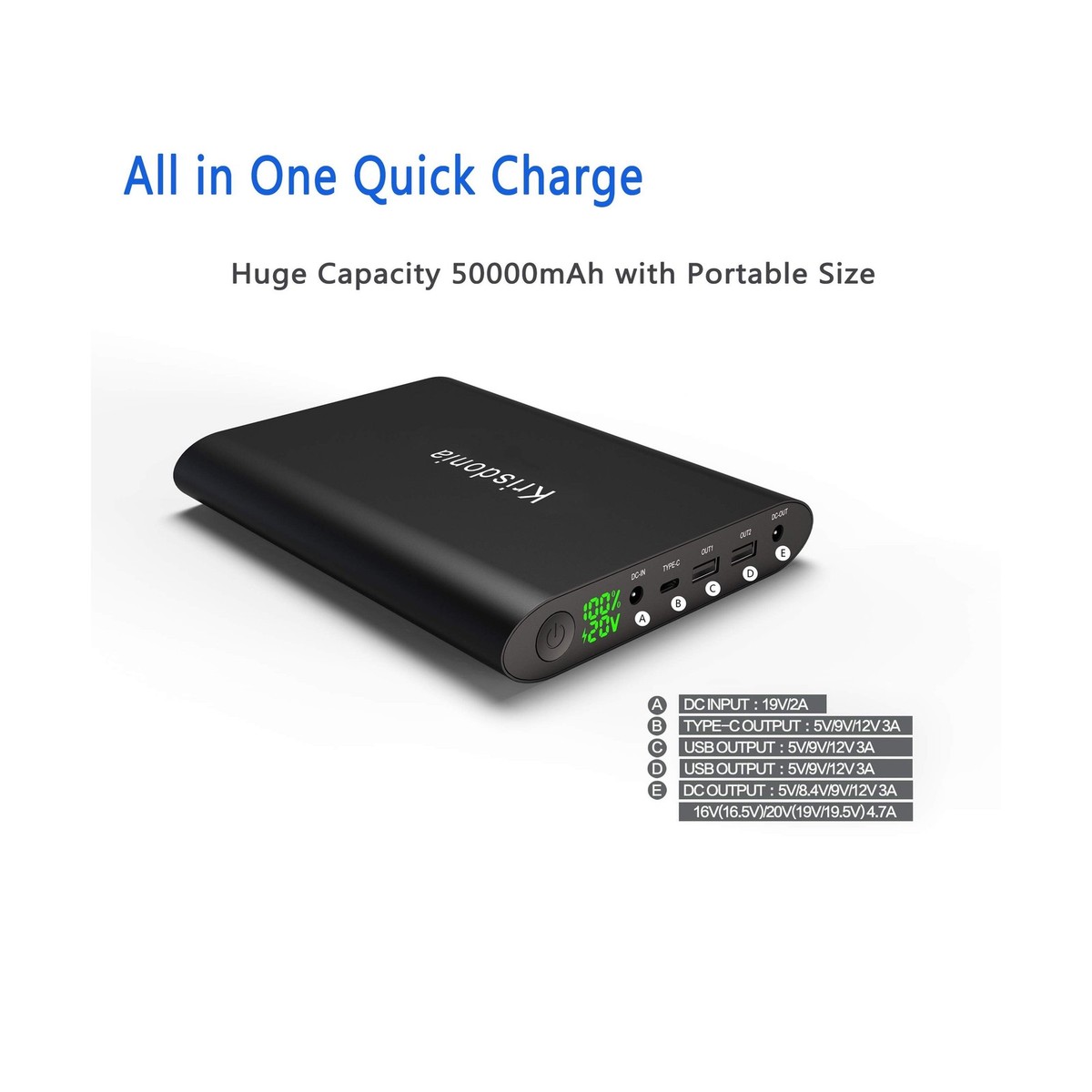 Krisdonia 50000mAh Universal Portable Laptop Power Bank - Black