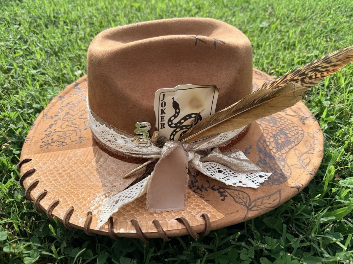 Vintage La Sierra Suede Western Cowboy Hat‎ Camel Brown Aztec Tapestry Band Boho Vintage YA Cowboy Western Hat M 7-7 1/8 Camel Brown Faux  main image 3