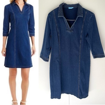 J.MCLAUGHLIN Cadence Denim Split V-neck Collar 3/4 Sleeve Dress in Indigo Sz XL