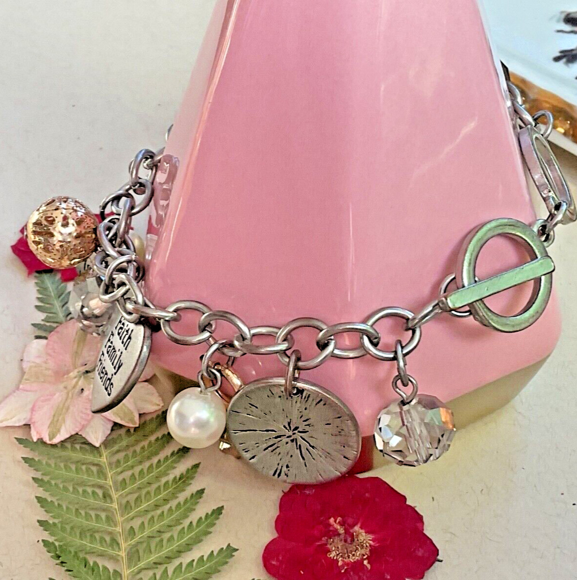 Vintage Charm Bracelet Faith Religious Christian Love Cross View 4