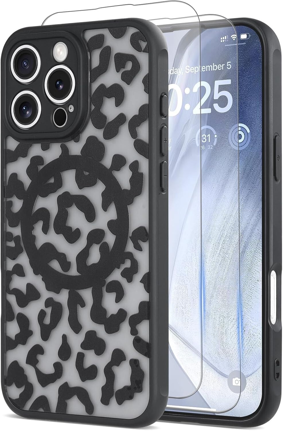 iPhone 16 Pro Max Case Leopard Print Compatible with MagSafe,2X Screen Protector-image