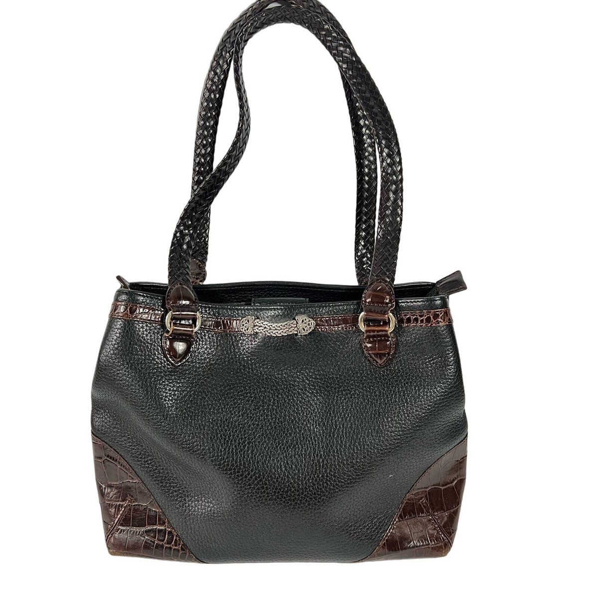 Vintage Brighton Black Brown Leather Double Braided Strap Tote 