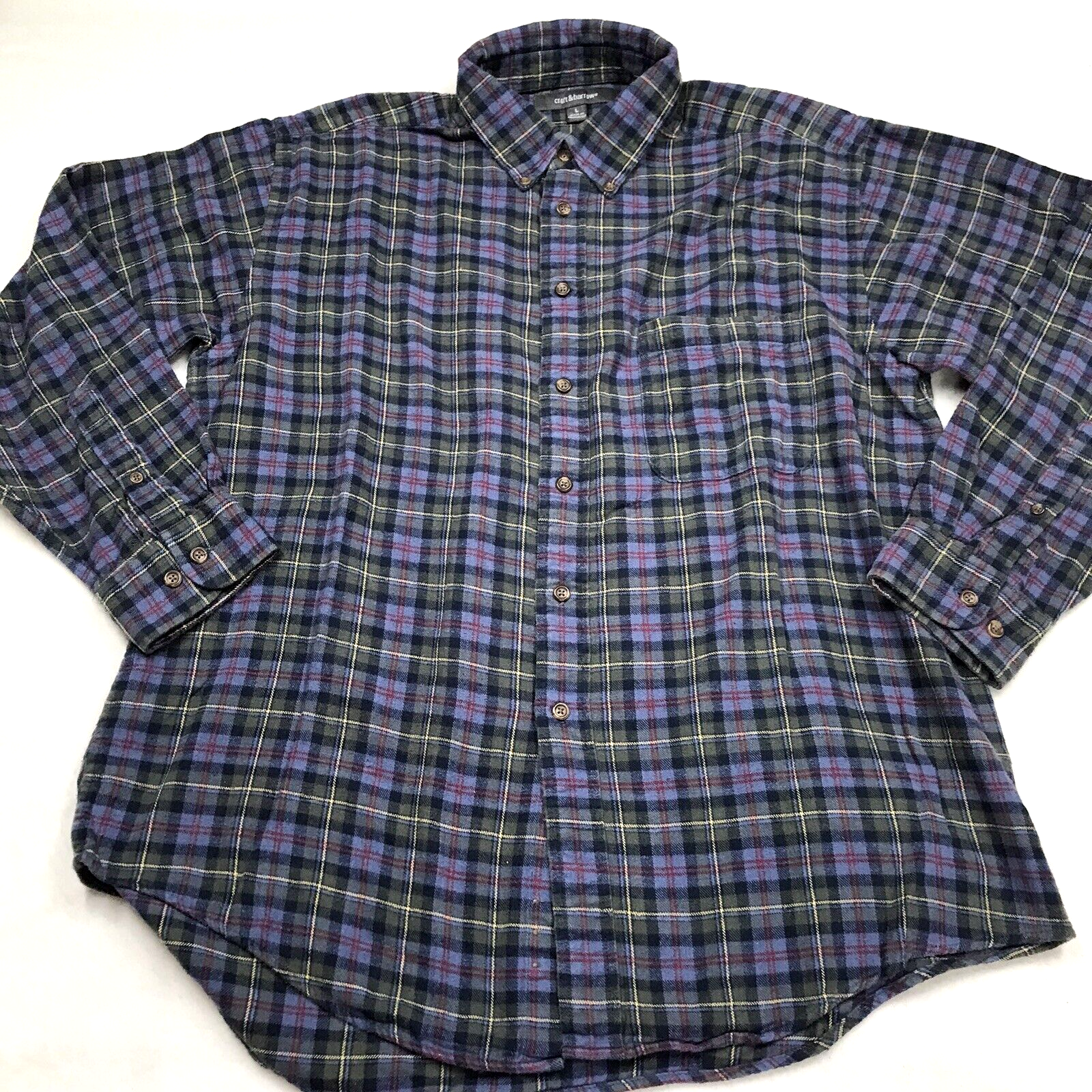 CROFT & BARROW Flannel Shirt Men L Purple Olive Green Check Plaid Grunge gorp