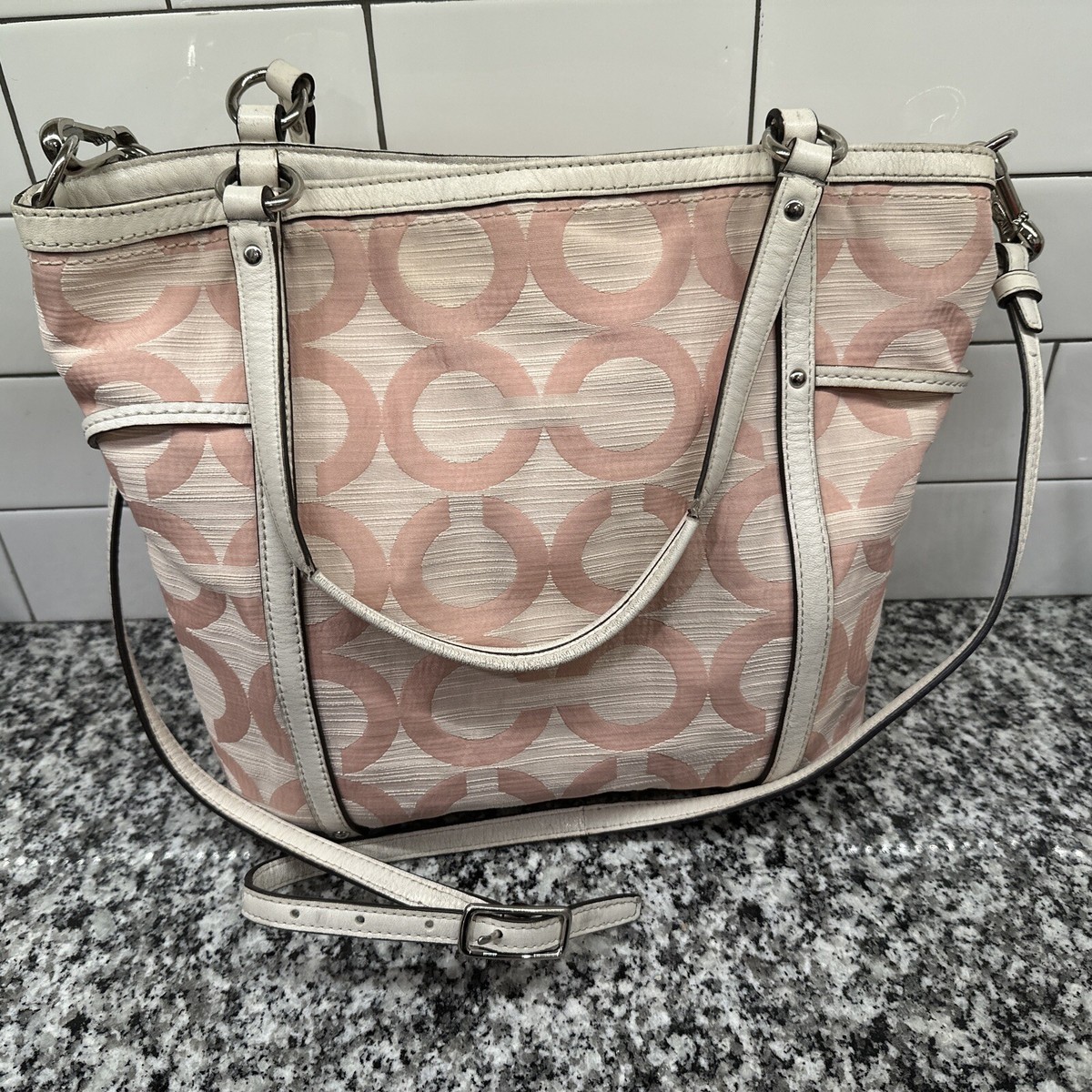 Coach Audrey Op Signature Cream And Pink Tote Crossbody | eBay