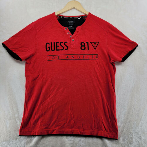 Guess Men Size L Red Cotton Blend S/S Vintage Graphic V-Neck T-Shirt