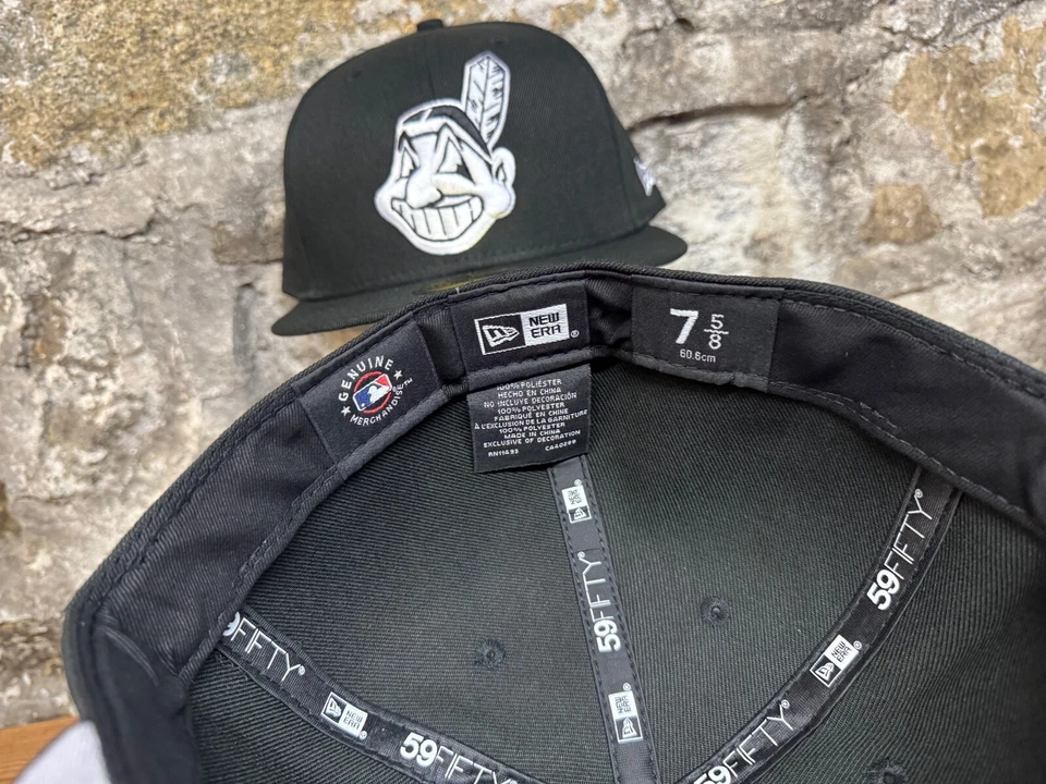 Cleveland Indians Wahoo Black New Era Fitted Club 59Fifty Hat White Custom NEW - Image 4 of 4