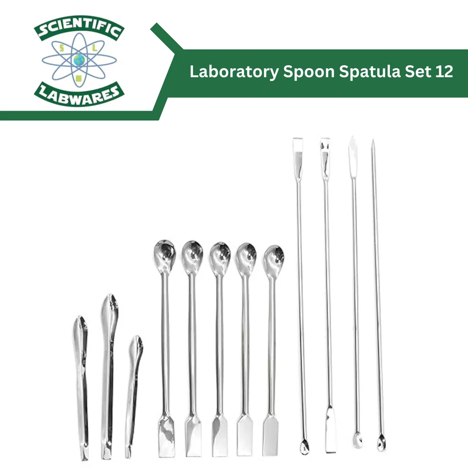 Scientific Labwares Durable Stainless Steel Laboratory Spoon Spatula Set 12