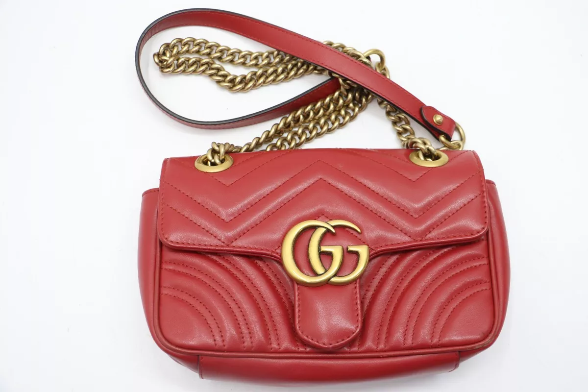 GUCCI GG Marmont Small Matelasse Hibiscus Red Chain Leather