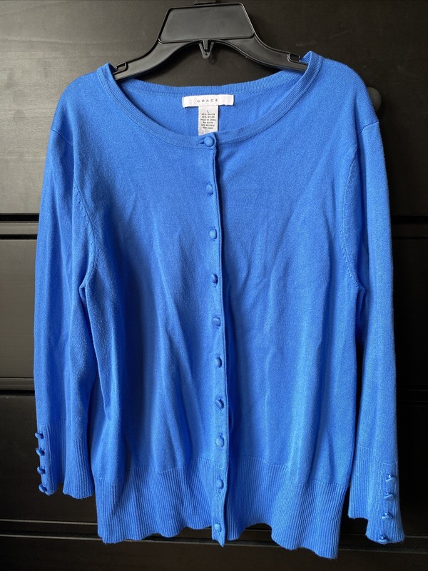 Audrey & Grace Sz L Blue Cardigan Sweater 3/4 Sleeves Lightweight