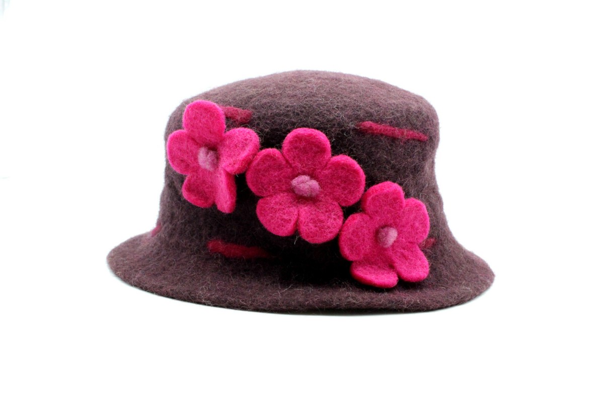 Brown With Pink Flower- Handmade Woolen Hat Felted Hat Wool