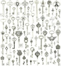 10 Skeleton Key Charms Antiqued Silver Steampunk Pendants Set Mixed Lot Assorted