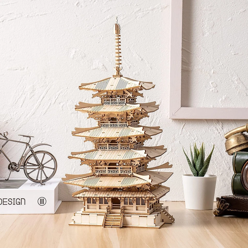Rompecabezas 3D ROKR construcción de madera adultos hágalo usted mismo kit modelo pagoda de cinco pisos decoración del hogar Foto 4 de 4