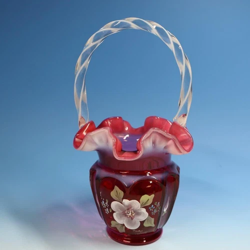 Fenton Glass - Cranberry Opalescent Handled Basket Open Heart Arches - 8½ inches
