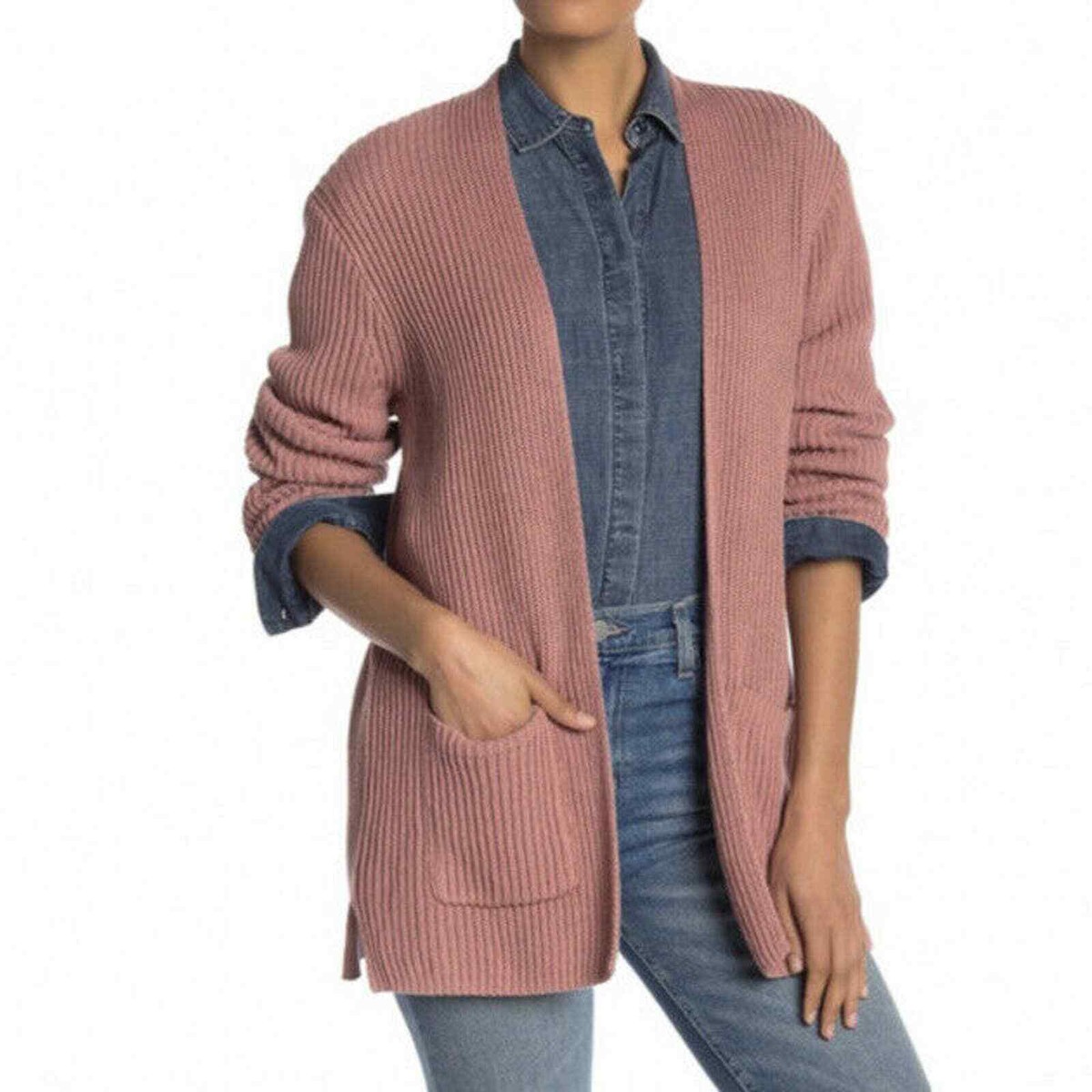 Madewell Dried Petal Pink Nolan Ribbed Pocket Sweater Cardigan, XS