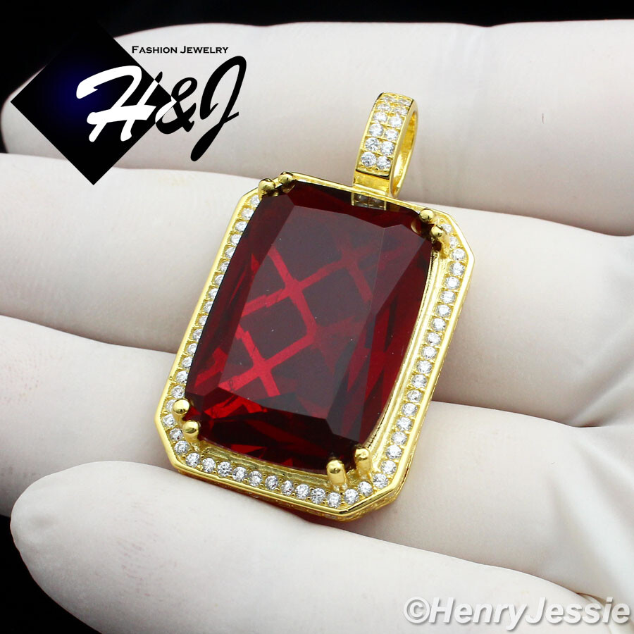 MEN 925 STERLING SILVER ICY SIMULATED RUBY 3D GOLD PLATED CHARM