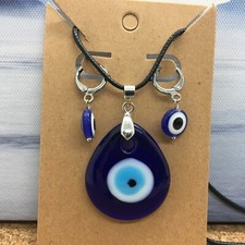 3 PC Set 16-18" Black Cord Teardrop Pendant Necklace  Earring Evil Eye New 4402