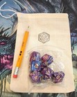 DnD Dice Purple Polyhedral Acrylic With Bag & Pencil Set - New - 7 Dice Set