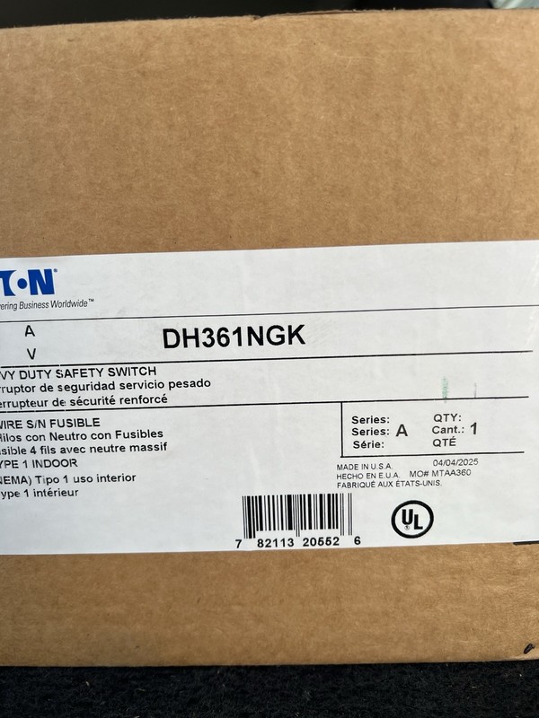 Eaton DH361NGK Safety Switch 30 Amp 600 Volt 3 Phase Fusible Nema 1 Indoor