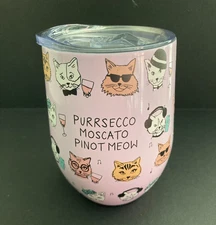 About Face Designs Cat Themed Thermal Wine Tumbler w/Sip Lid Lavender Metal NEW