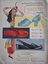 1949 Women's Daniel Green exotic Harem Slippers Shoes  vintage Fashion. Art Ad 