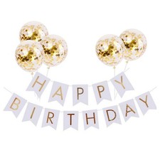 White HAPPY BIRTHDAY Banner with 5 pcs Gold Confetti Balloons